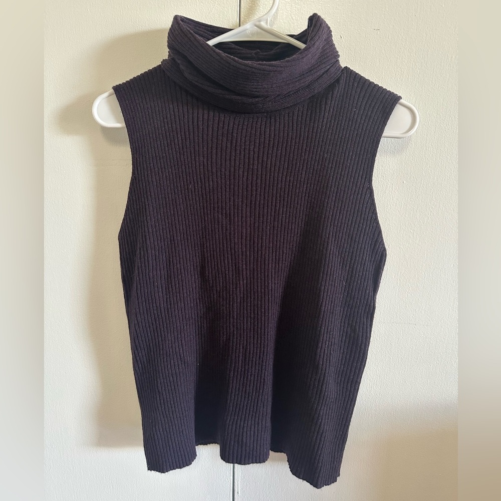 Eileen Fisher Sleeveless Ribbed Turtleneck Sweater Dark Plum Knit Top Size M